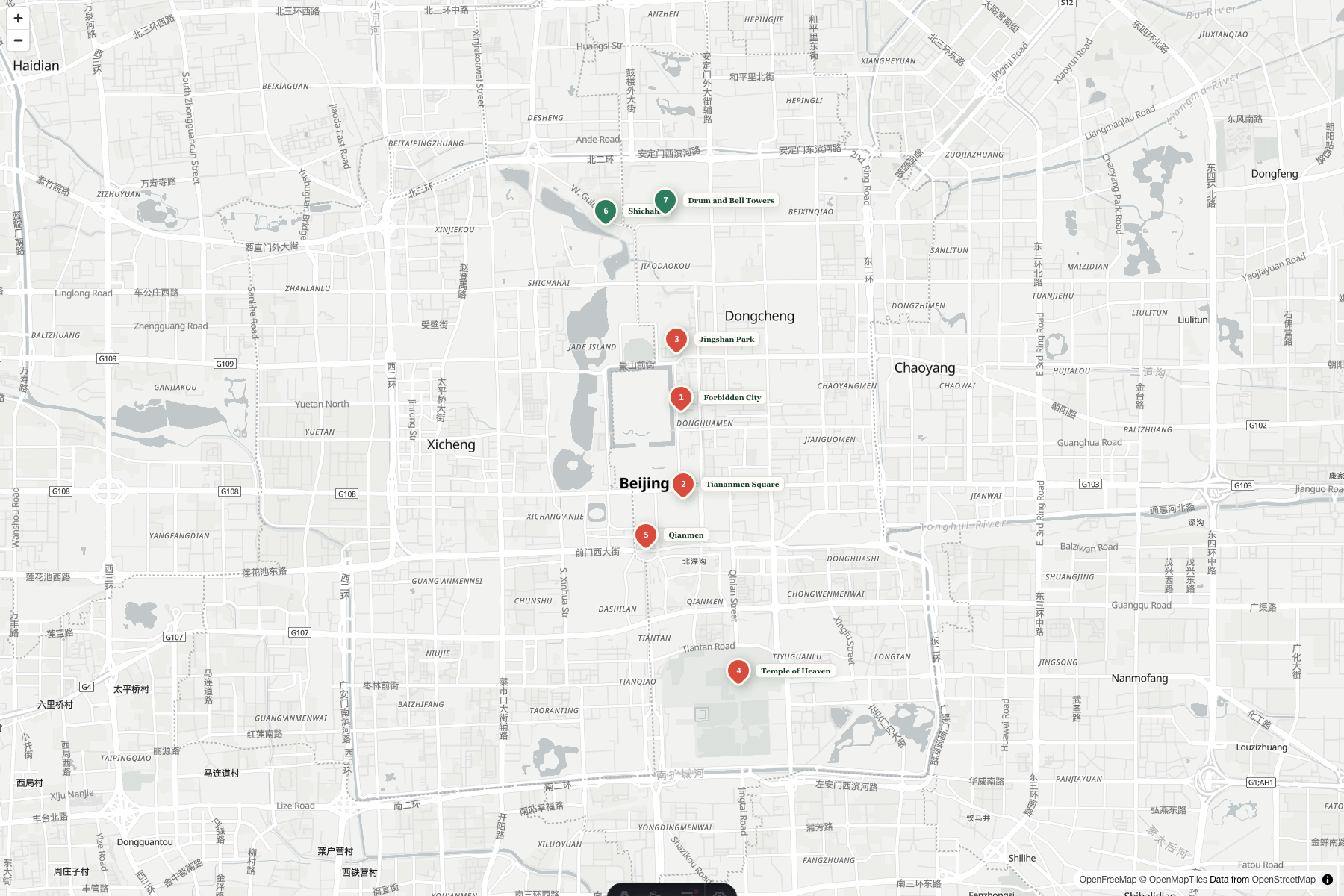 English Beijing tourist map with selected attractions and route zones