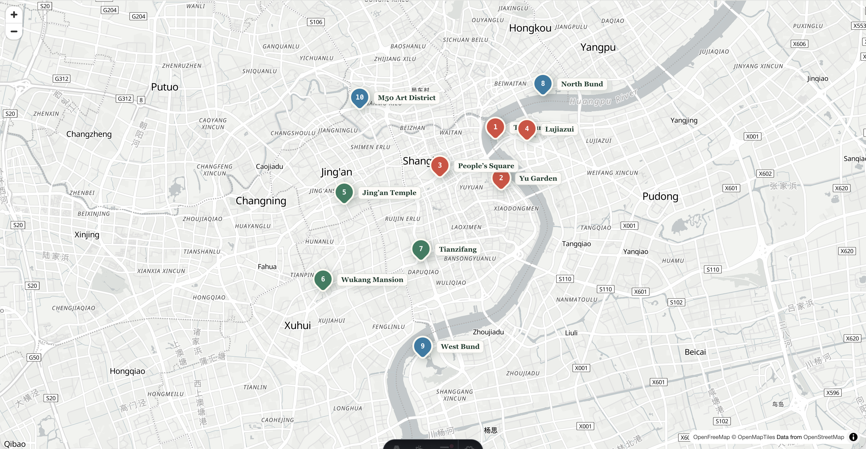 English map of central Shanghai with twelve selected visitor places
