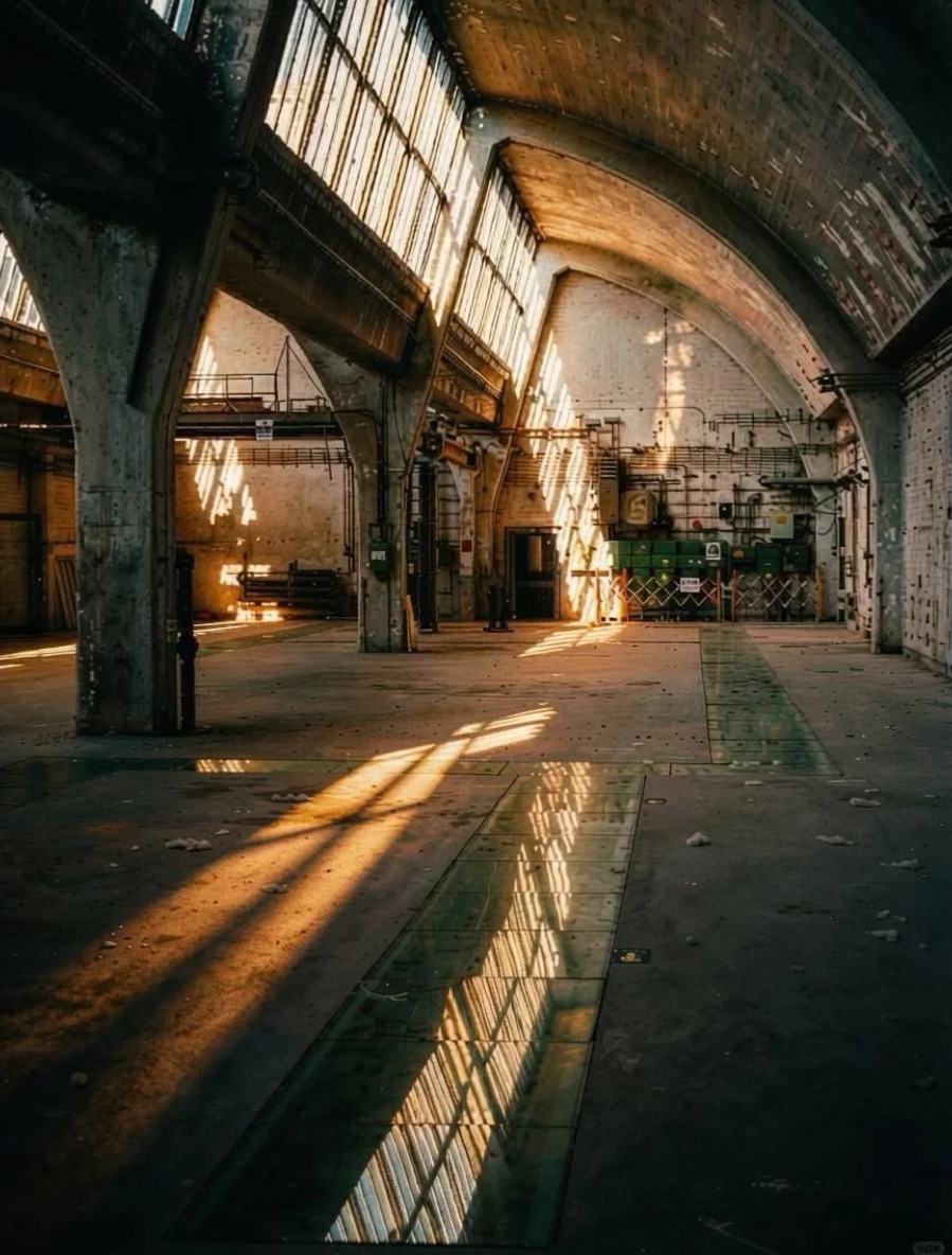 Sunlight crossing the arched interior of a former industrial hall in Beijing's 798 Art District