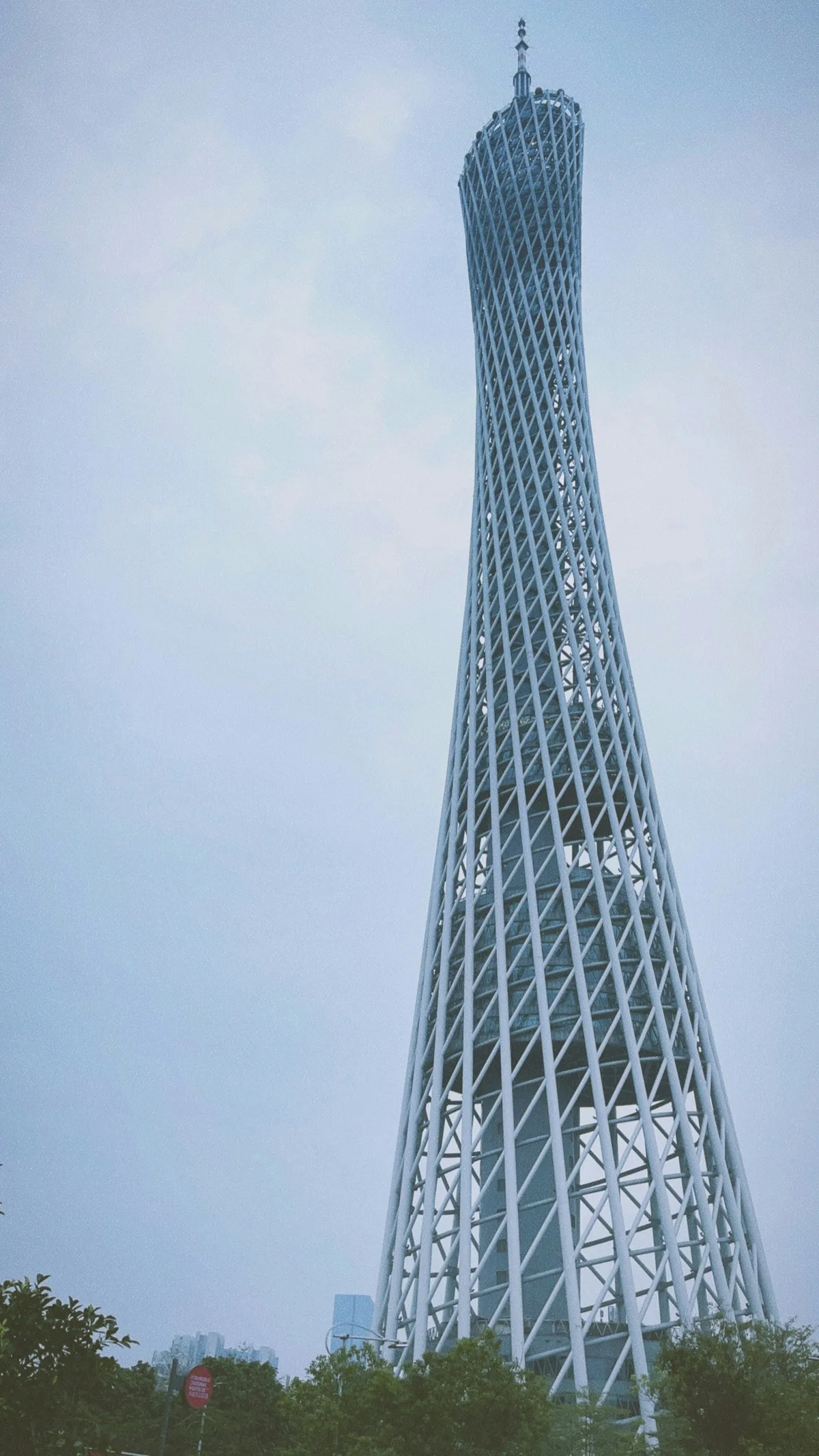 Canton Tower rising into an overcast sky in Guangzhou