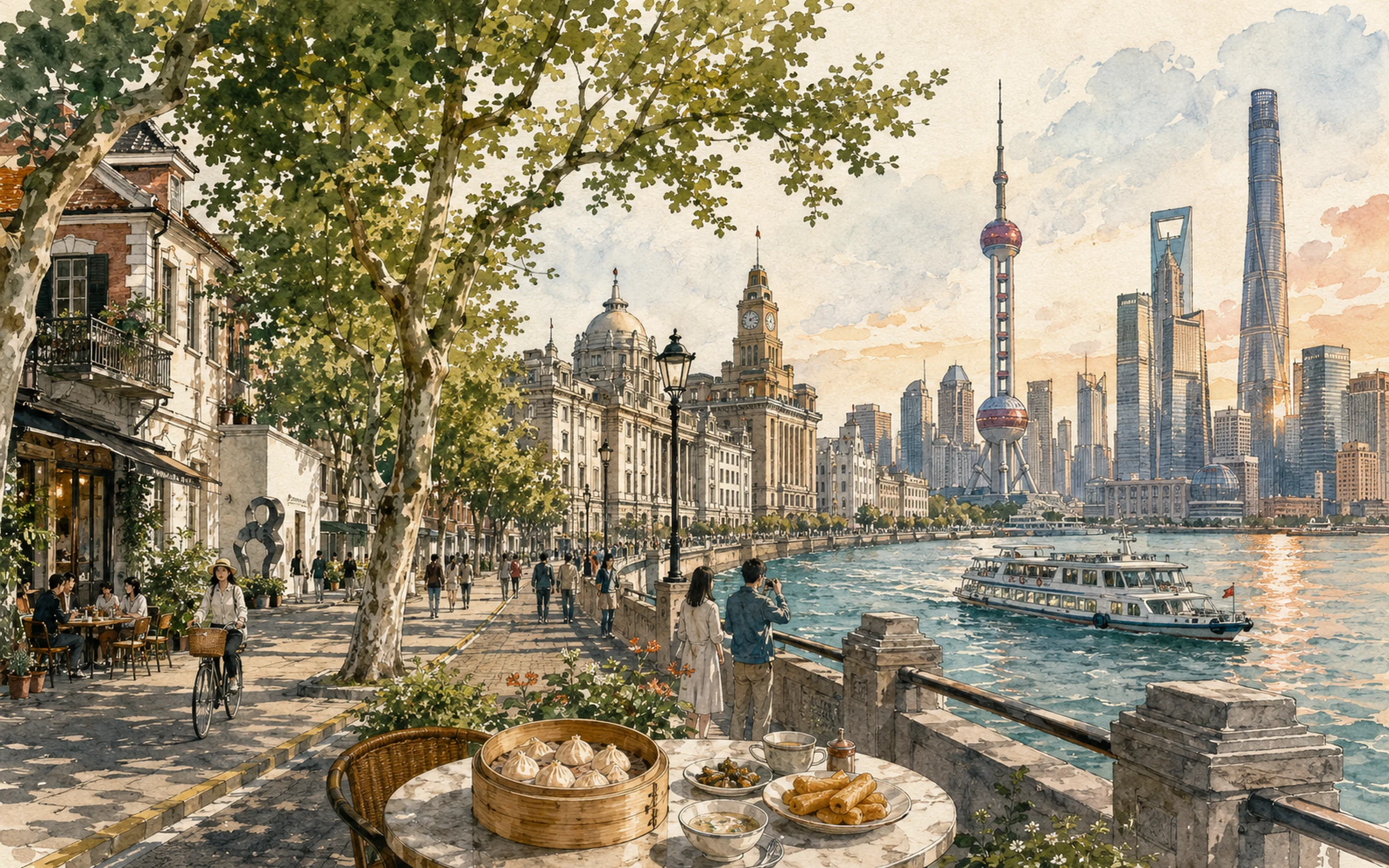 Watercolor view of Shanghai street life, the Bund, the Huangpu River and the Lujiazui skyline