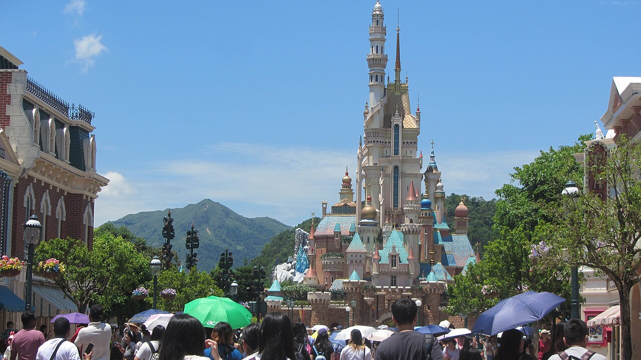 Castle of Magical Dreams at Hong Kong Disneyland on a clear day in 2024