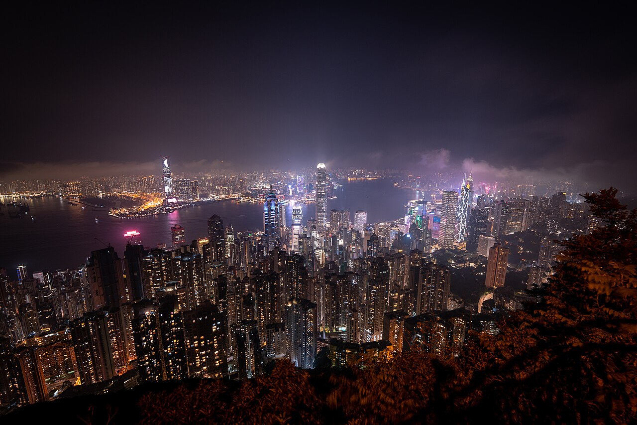 Victoria Harbour and Hong Kong's skyline seen from Victoria Peak at night