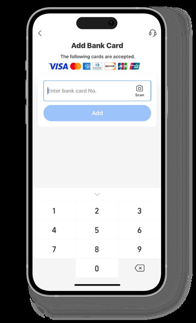 Alipay Add Bank Card screen with an empty card-number field