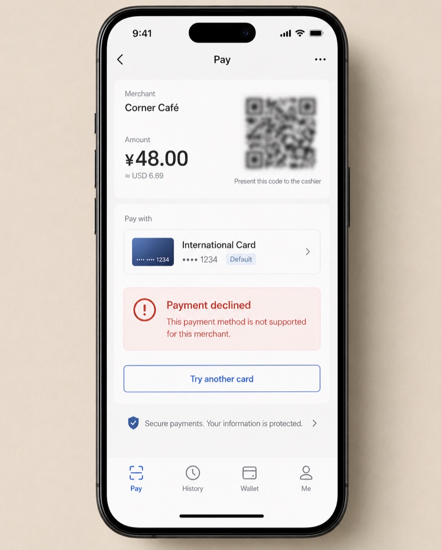 Editorial mockup of a generic mobile payment app showing an international card payment declined because the merchant does not support that payment method.