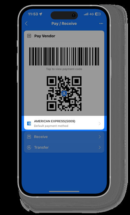 Published Alipay payment-code example with an American Express funding card
