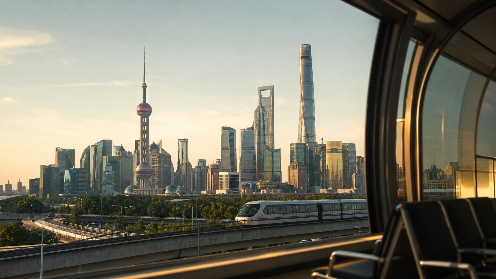 Shanghai skyline and airport transit view for a Pudong layover