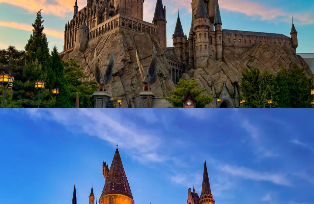 The Hogwarts castle area at Universal Beijing Resort under a sunset sky