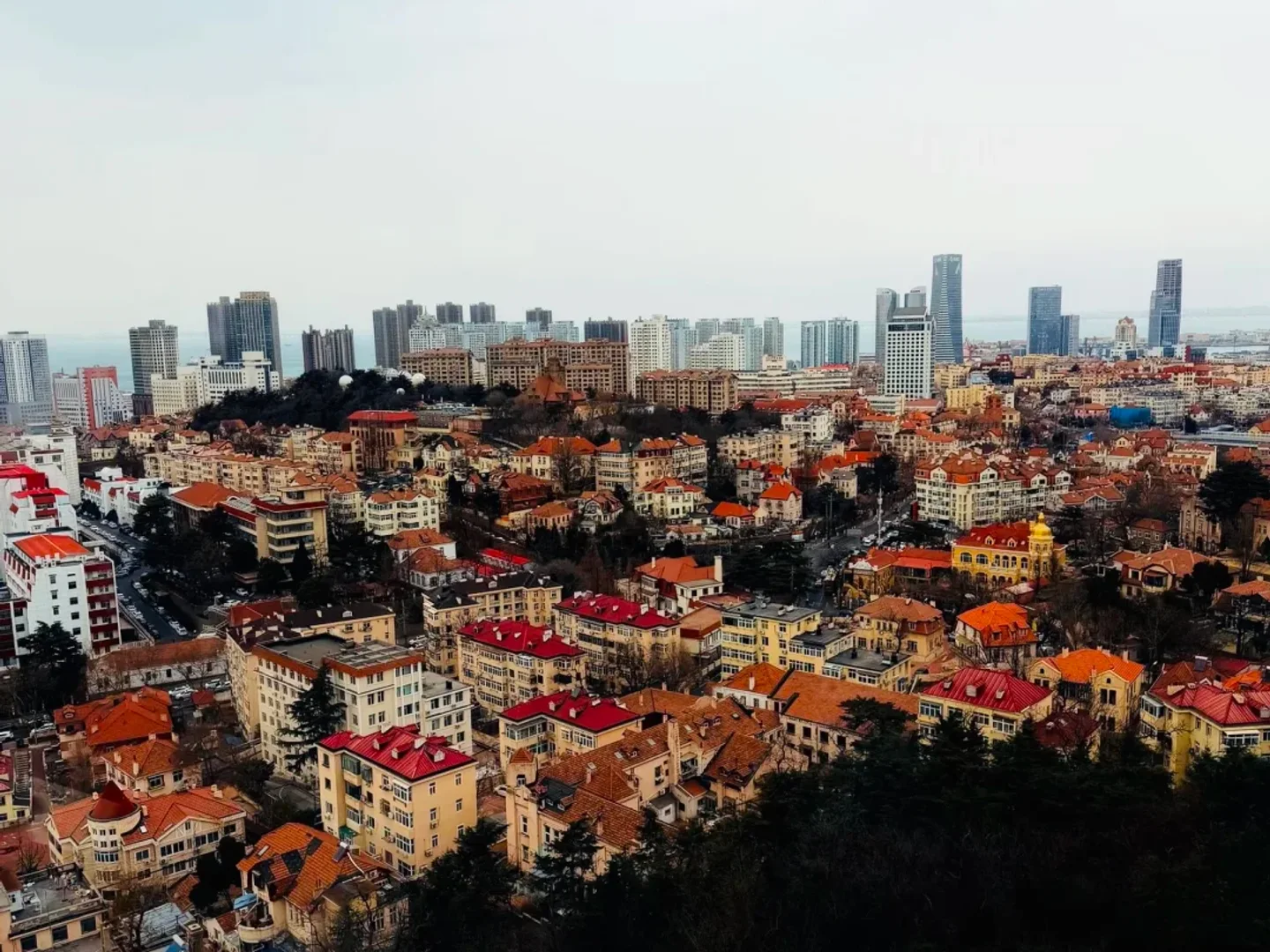 Red-roofed old city neighborhoods seen from Signal Hill in Qingdao
