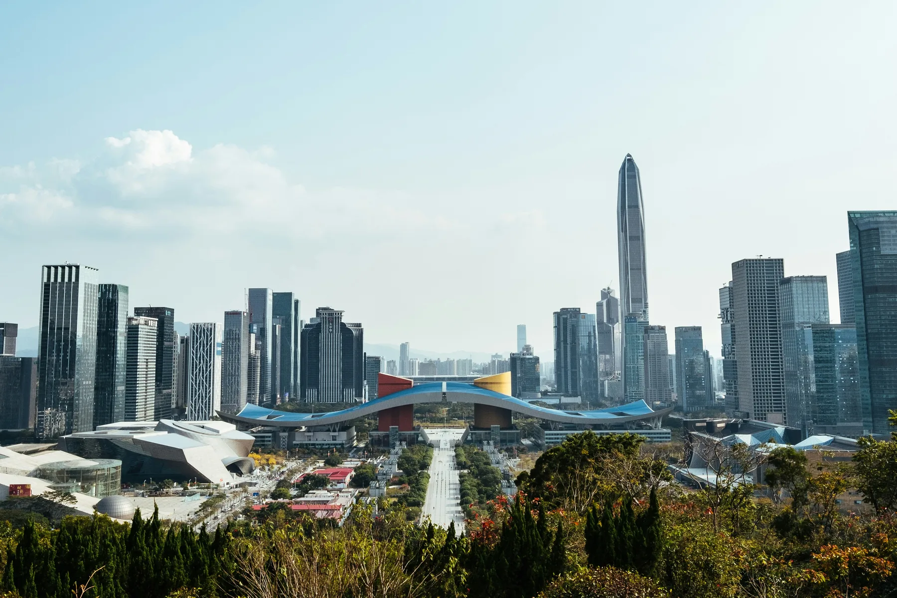 Shenzhen skyline seen across the water in daylight